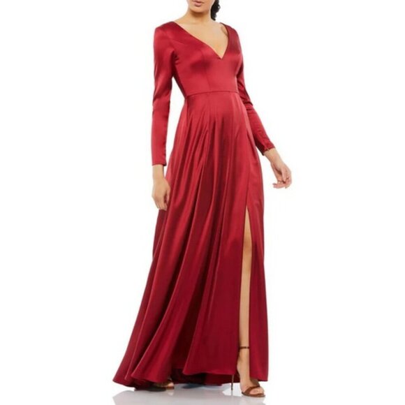 Ieena Mac Duggal Red Wine Long Sleeve Satin A-Line Gown